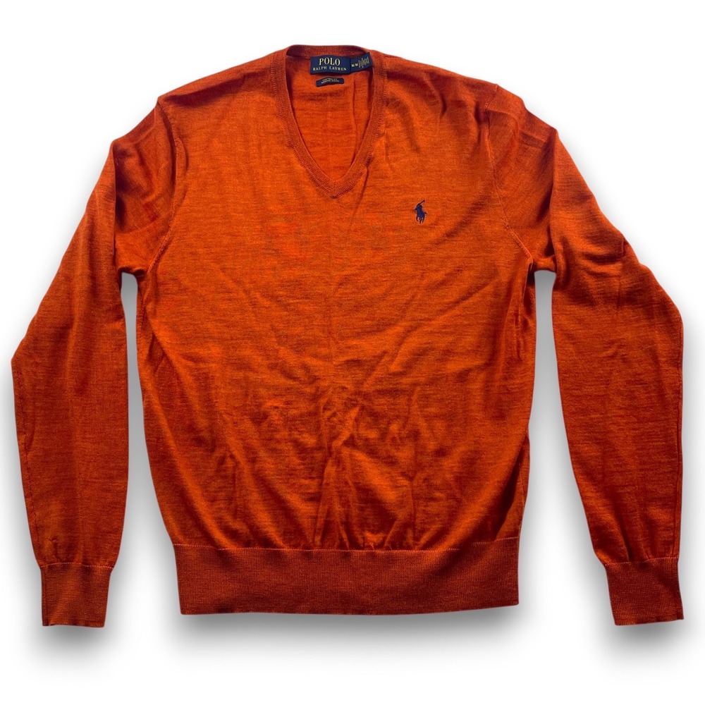 Polo Ralph Lauren Mens Orange Merino Wool V-Neck Sweater Custom Fit Medium